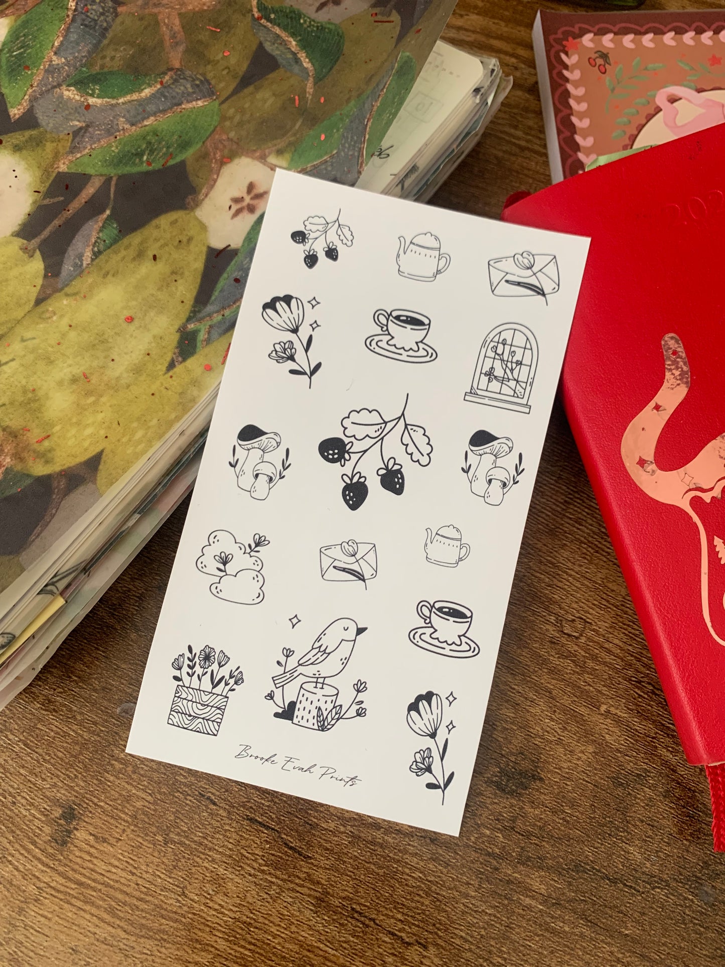 Black outlined hand drawn Tea, Strawberries & Letters Doodle Sticker Sheet - Happy Mail