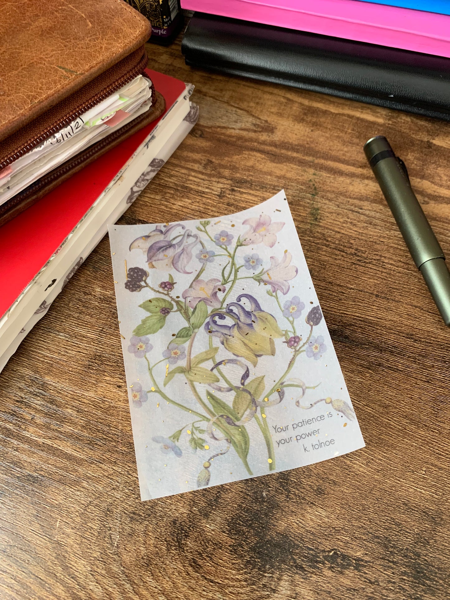 Stunning Purple Flowers Vintage Inspired Watercolour - Vellum Planner Dashboard - Gold Foil Star accents - Your Patience is Your Power