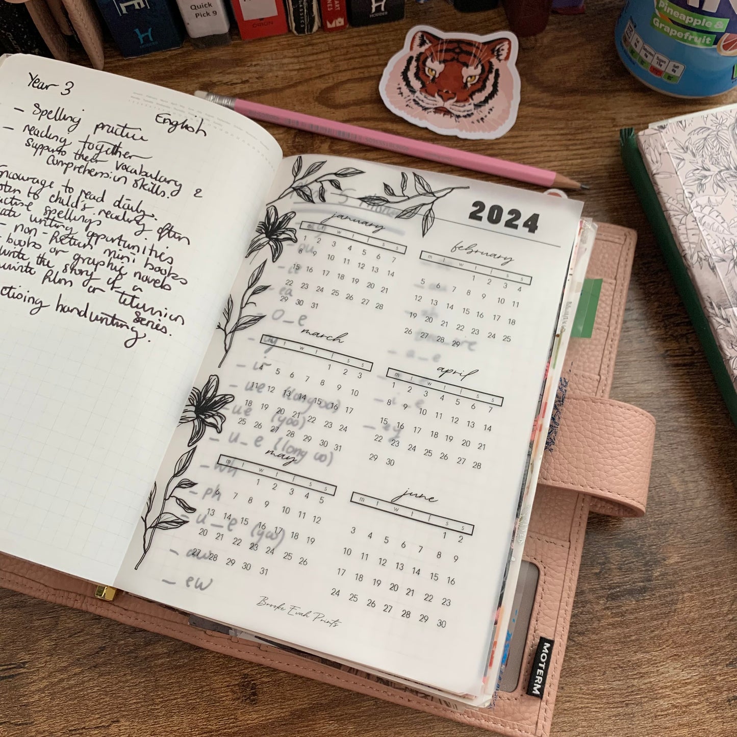 Printed Vellum X Acetate Planner Dashboards - 2024 Jan- June Calendar -Floral Outline