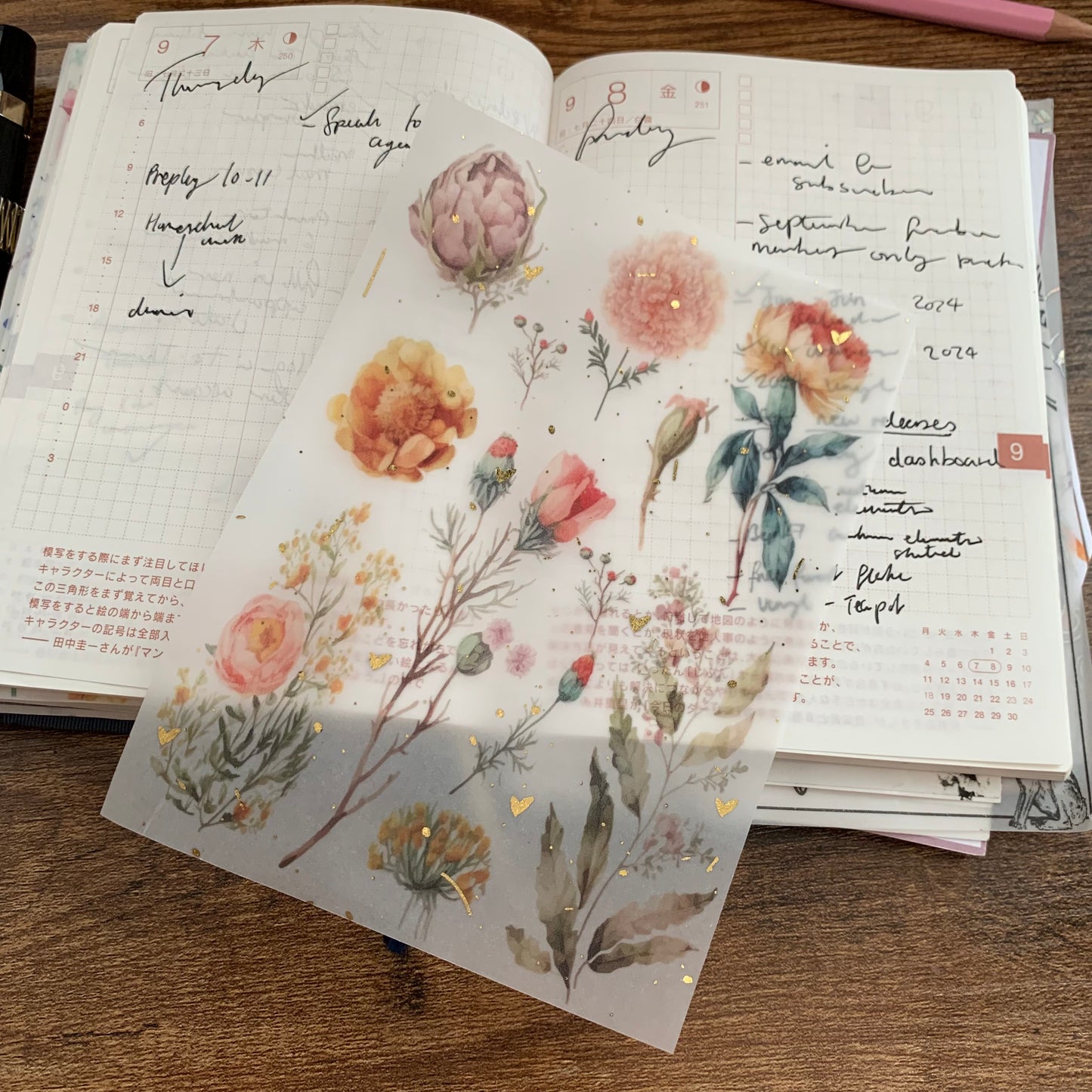 Gold Foiled Hand drawn Watercolor Flowers - Vellum Planner Dashboard - Scrapbooking Paper - Poison Ivy