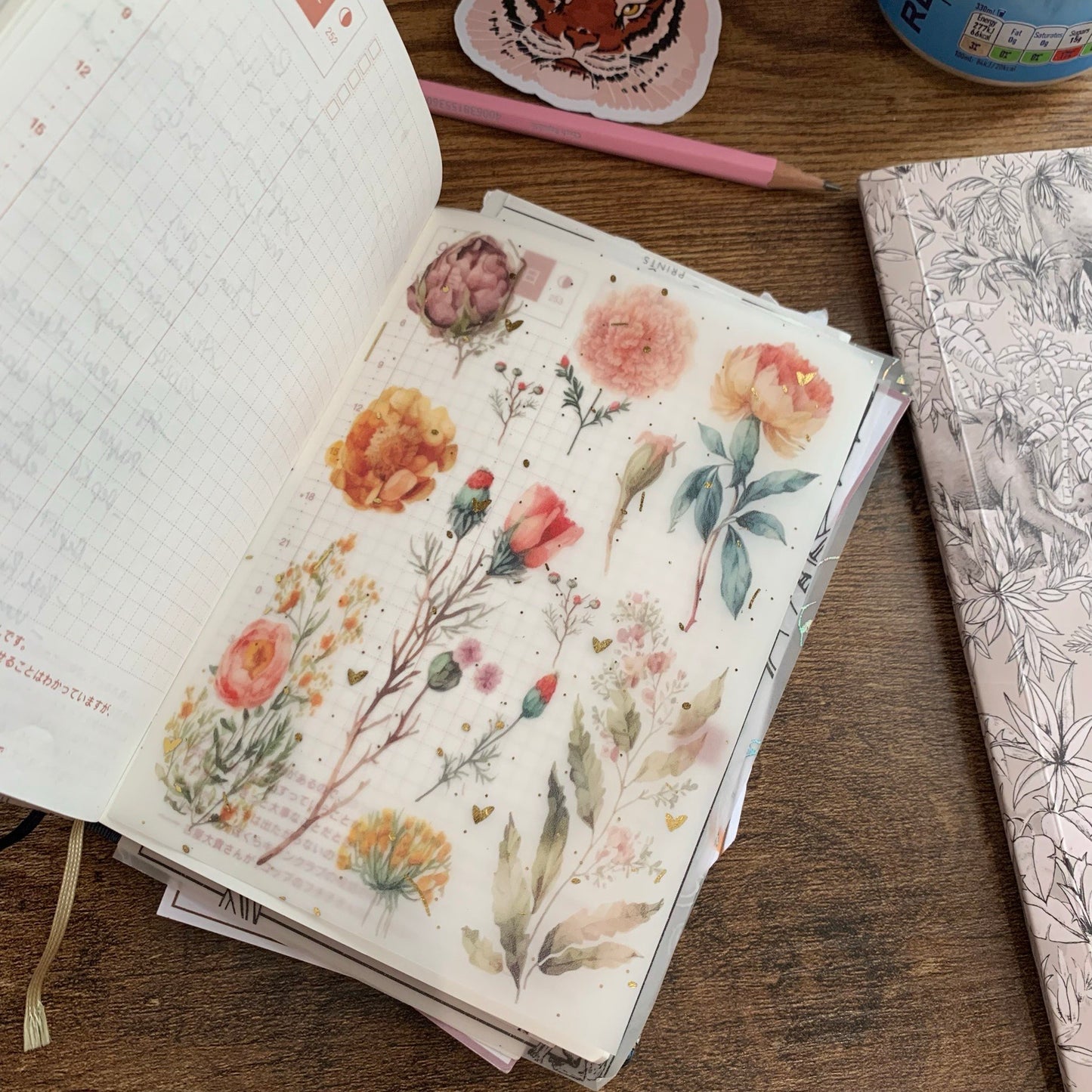 Gold Foiled Hand drawn Watercolor Flowers - Vellum Planner Dashboard - Scrapbooking Paper - Poison Ivy
