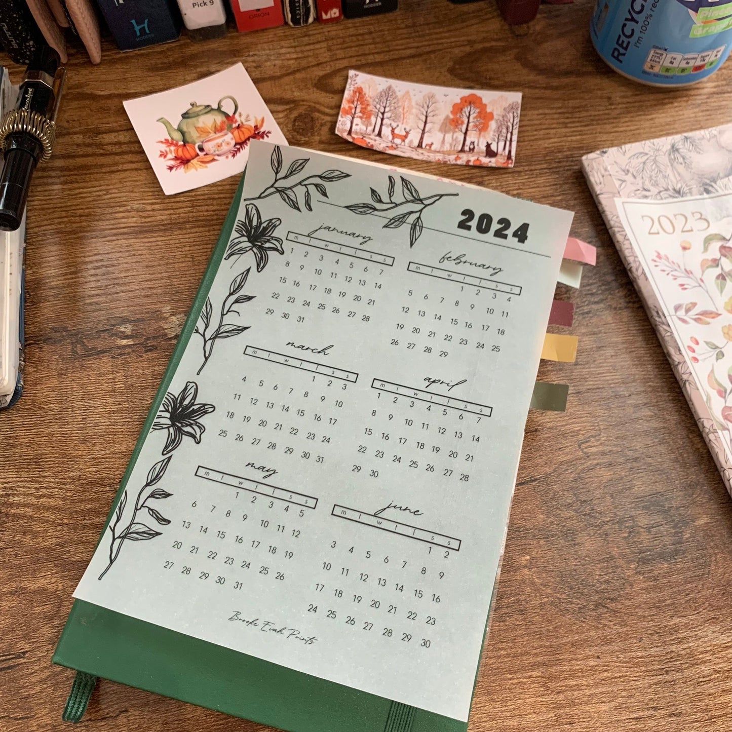 Printed Vellum X Acetate Planner Dashboards - 2024 Jan- June Calendar -Floral Outline