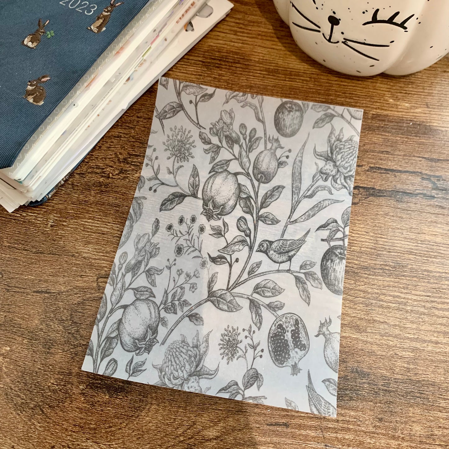 Vintage Foiled Hand drawn Pomegranate and Birds - Vellum Planner Dashboard - Scrapbooking Paper - The Cure