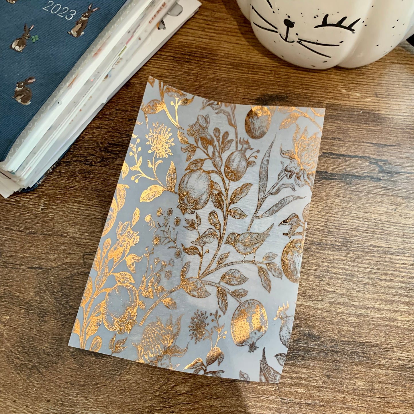 Vintage Foiled Hand drawn Pomegranate and Birds - Vellum Planner Dashboard - Scrapbooking Paper - The Cure