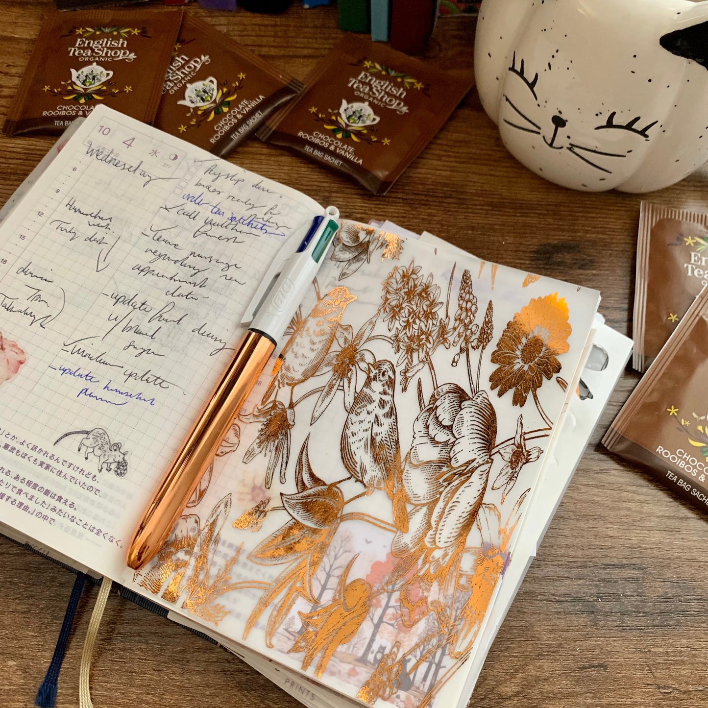 Copper Foiled Hand drawn Birds and Flowers - Vellum Planner Dashboard - Scrapbooking Paper - The Cure II
