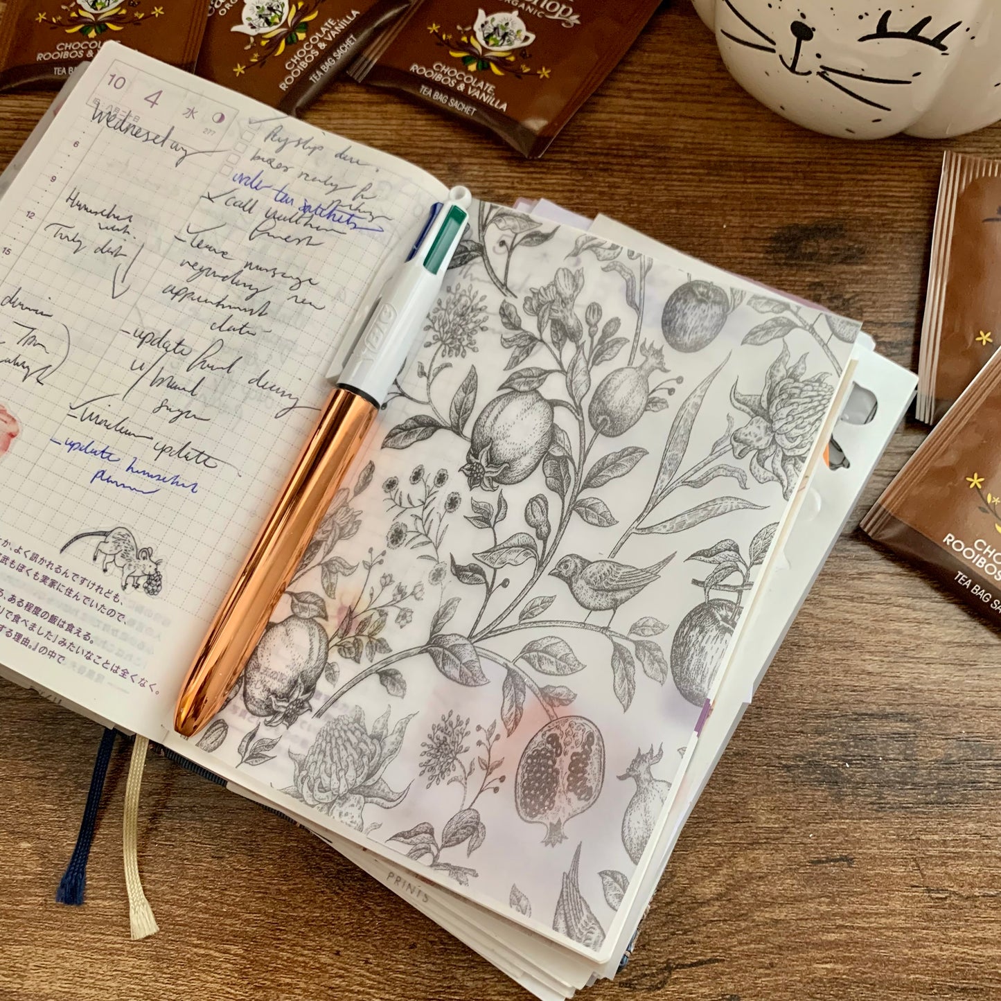 Vintage Foiled Hand drawn Pomegranate and Birds - Vellum Planner Dashboard - Scrapbooking Paper - The Cure