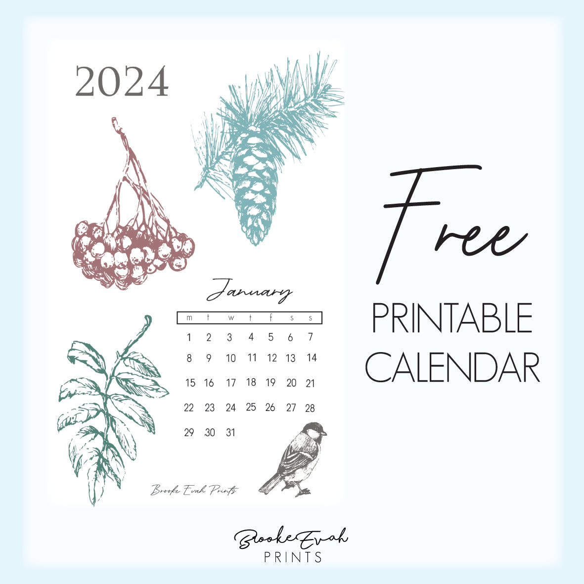 FREE download January 2024 Calendar Card - A6 SIZE