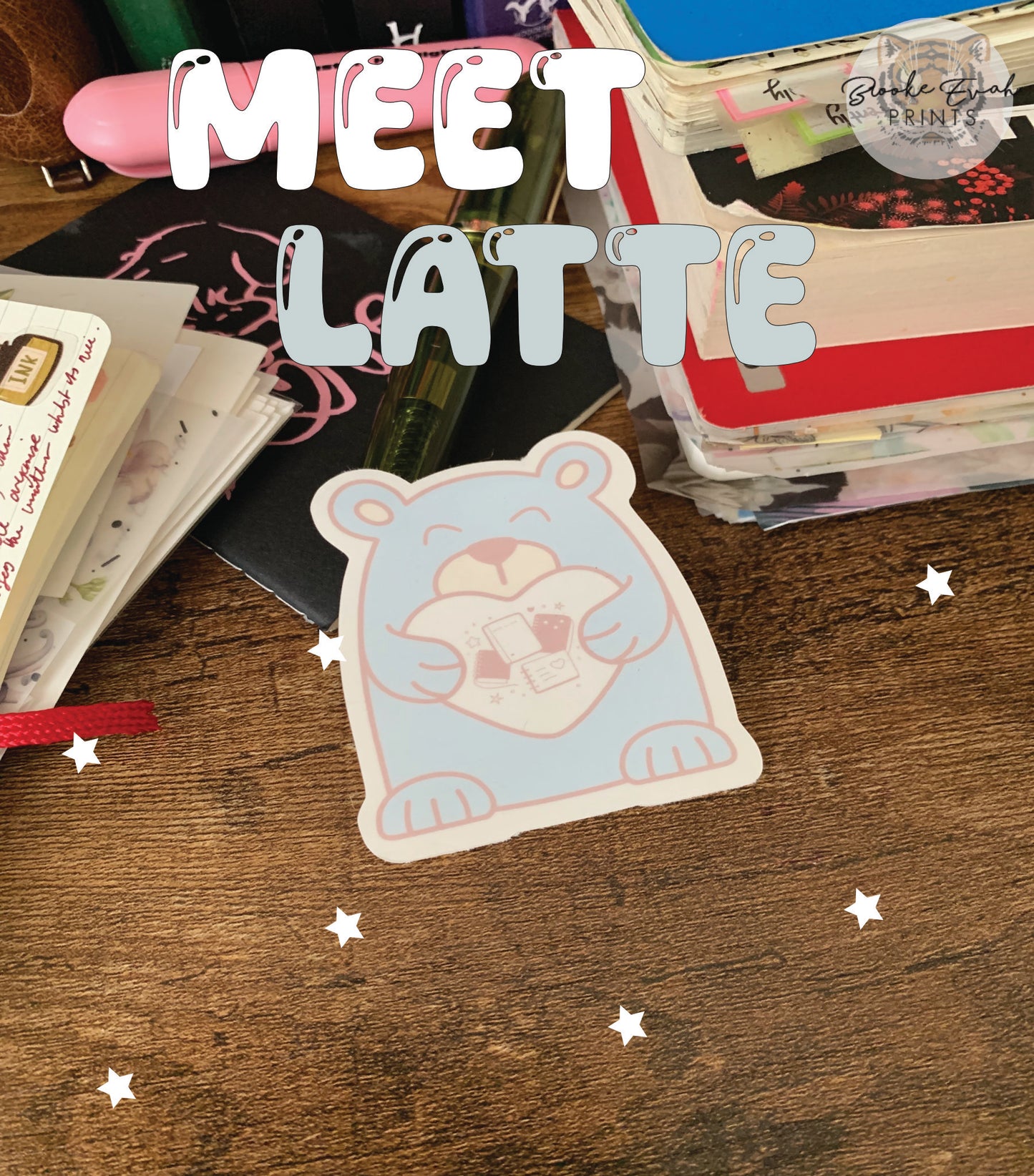 Hand drawn cute Baby Blue Bear with Heart Sticker Flake - Journal Bear - Latte 🩵
