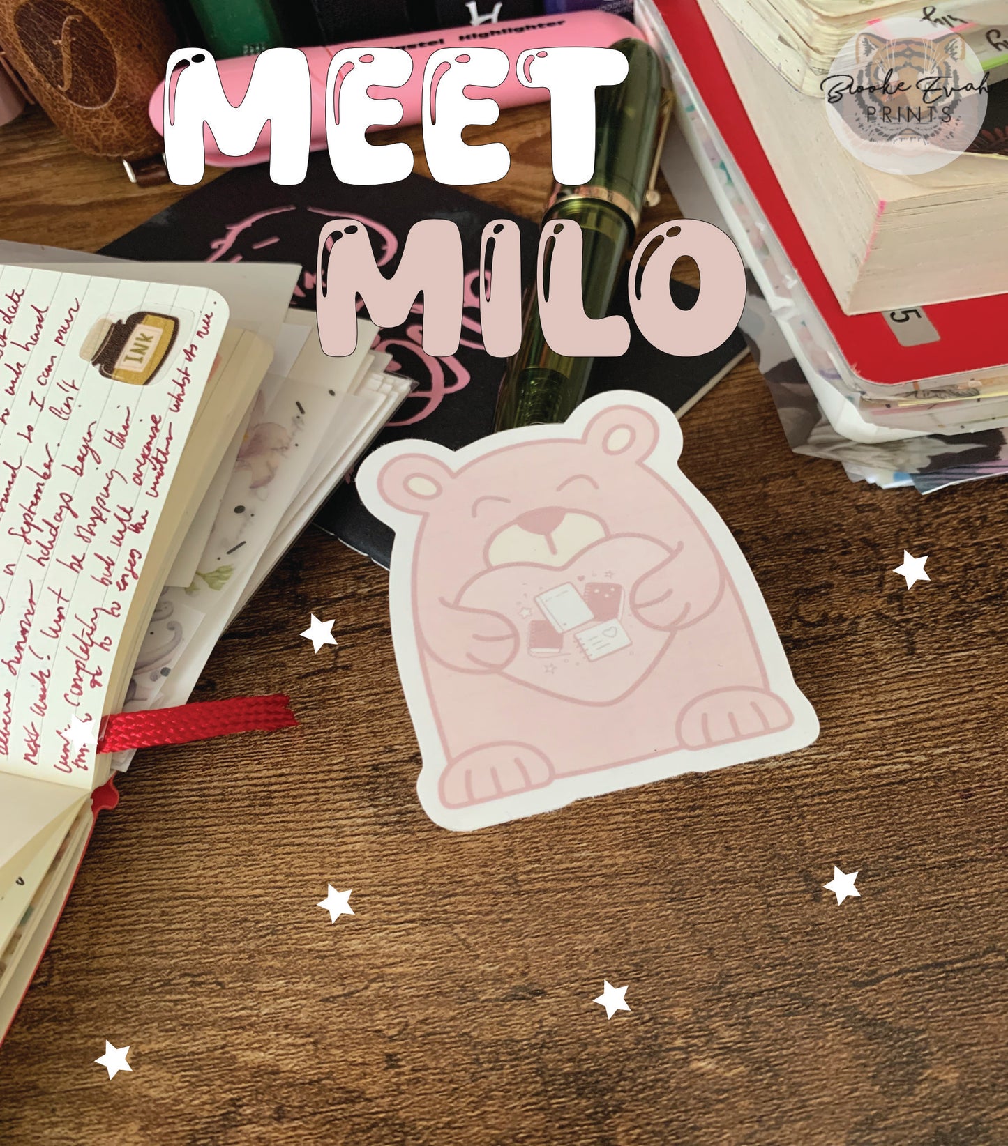 Hand drawn cute Brown Bear with Heart Sticker Flake - Journal Bear - Milo 🤎