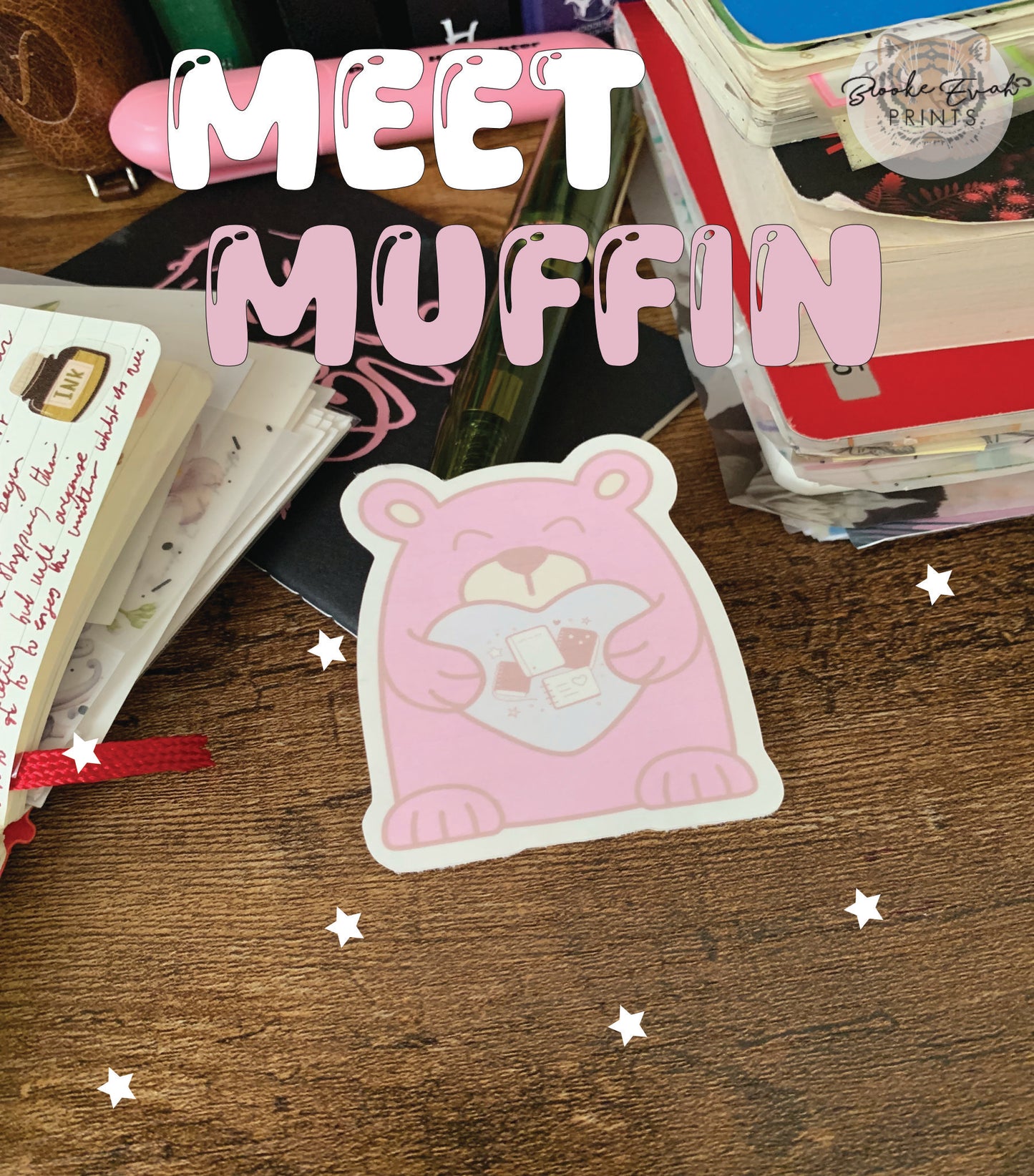 Hand drawn cute Pink Bear with Heart Sticker Flake - Journal Bear - Muffin 🩷