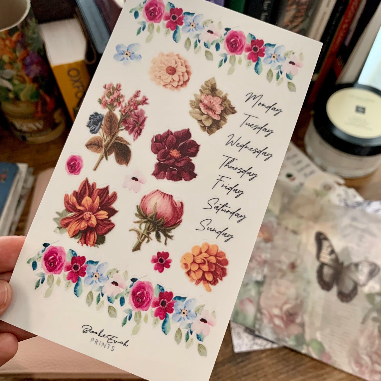 Vintage hand drawn floral Transparent watercolor Sticker Sheet - Washi Stickers - Vintage Rose