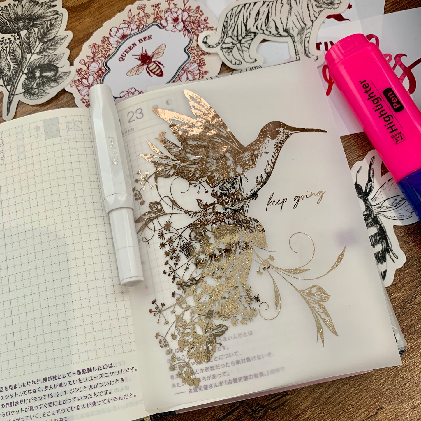 Rose Gold Foiled Humming Bird Hand Drawn Vintage Vellum X Acetate Planner Dashboard - Keep Going