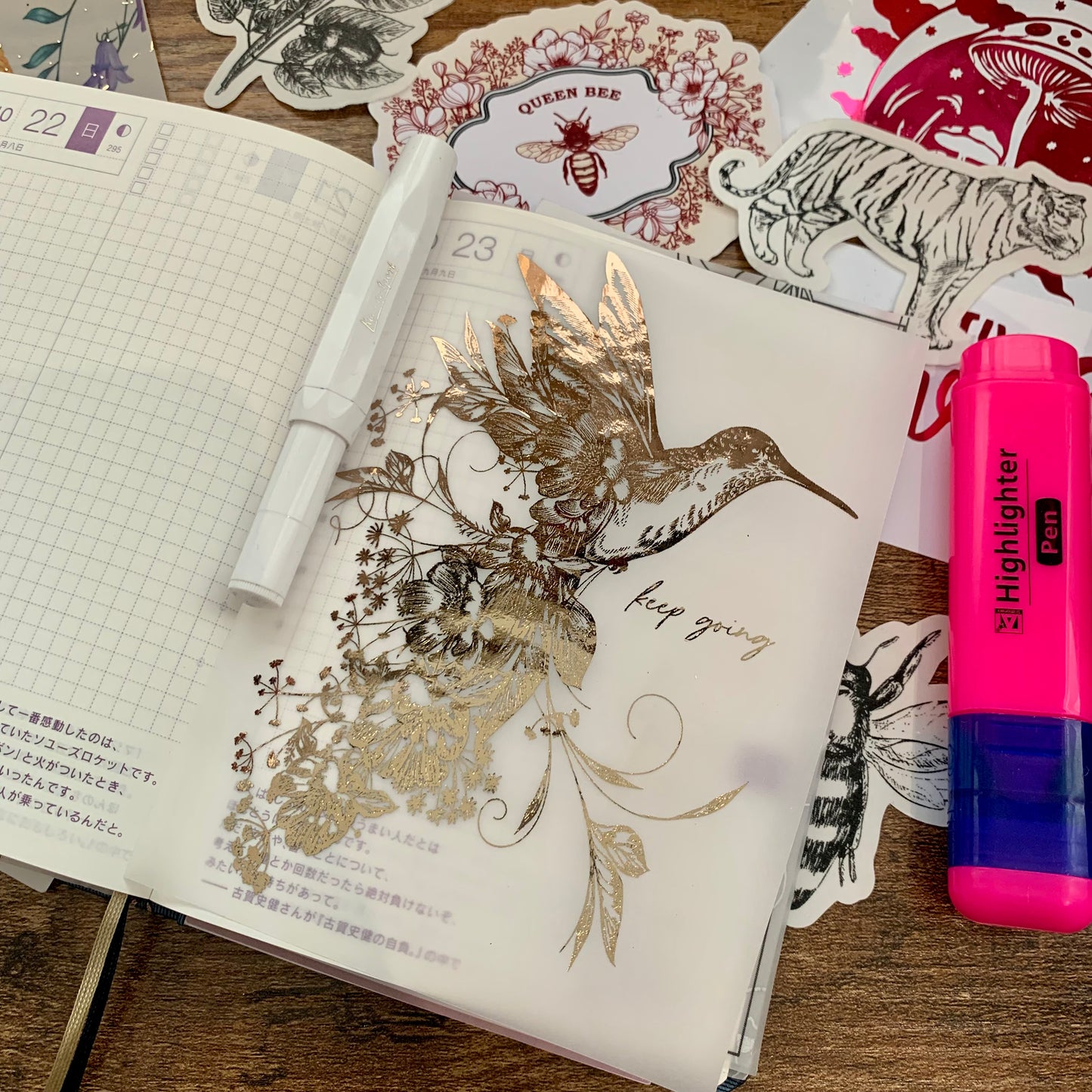Rose Gold Foiled Humming Bird Hand Drawn Vintage Vellum X Acetate Planner Dashboard - Keep Going
