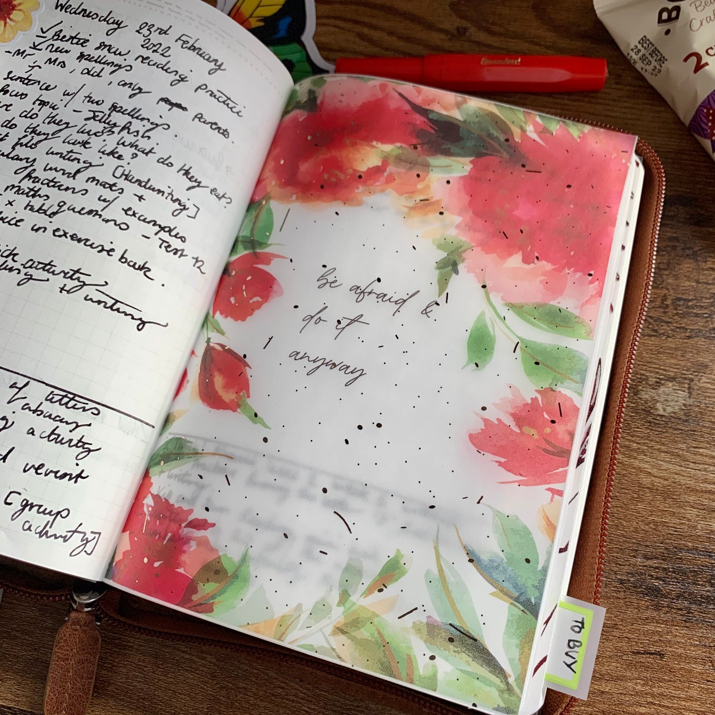 Foiled Rose Gold Vellum Red Watercolour flowers Planner Dashboard - Be afraid and do it anyway
