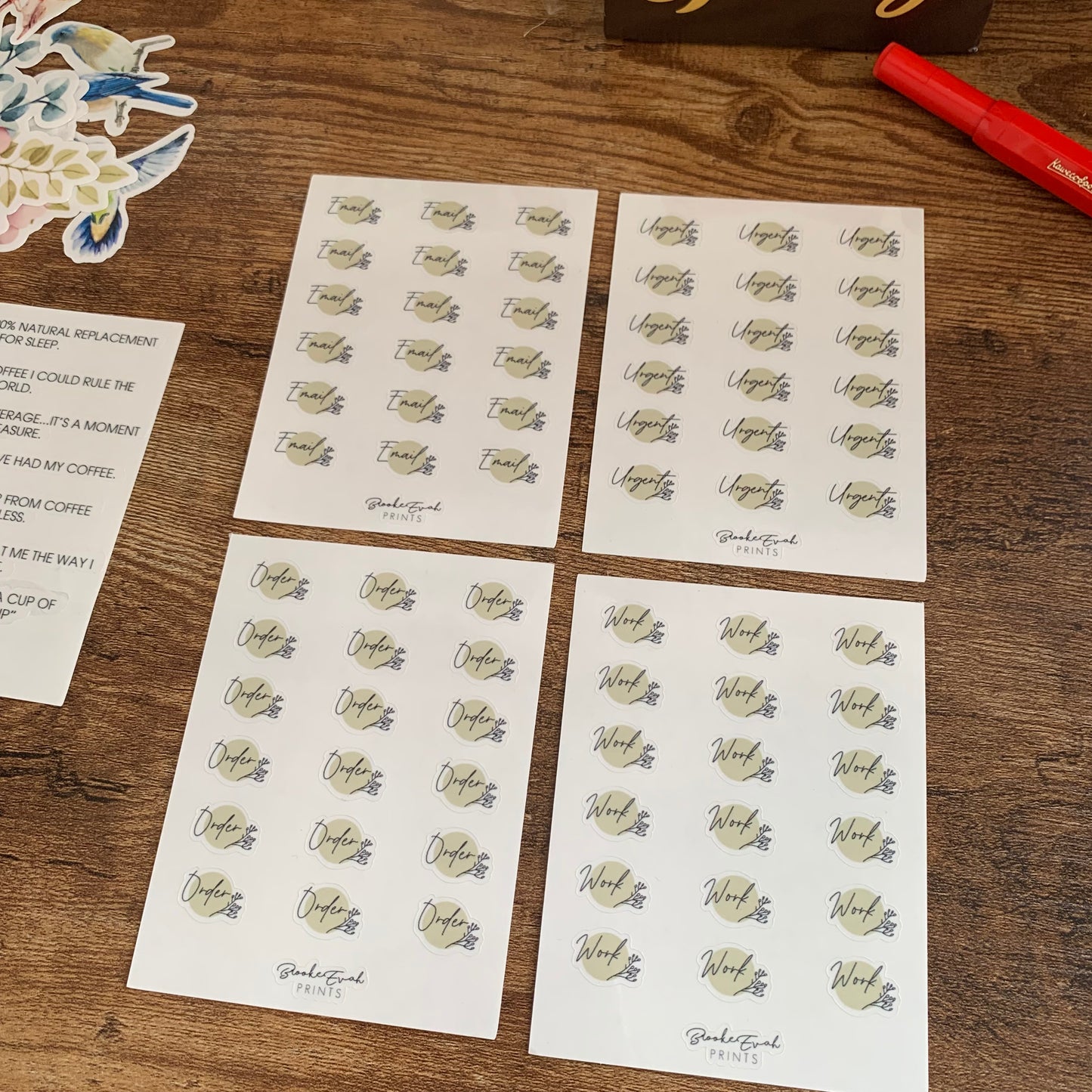 Transparent Script Stickers with Olive Green Accent