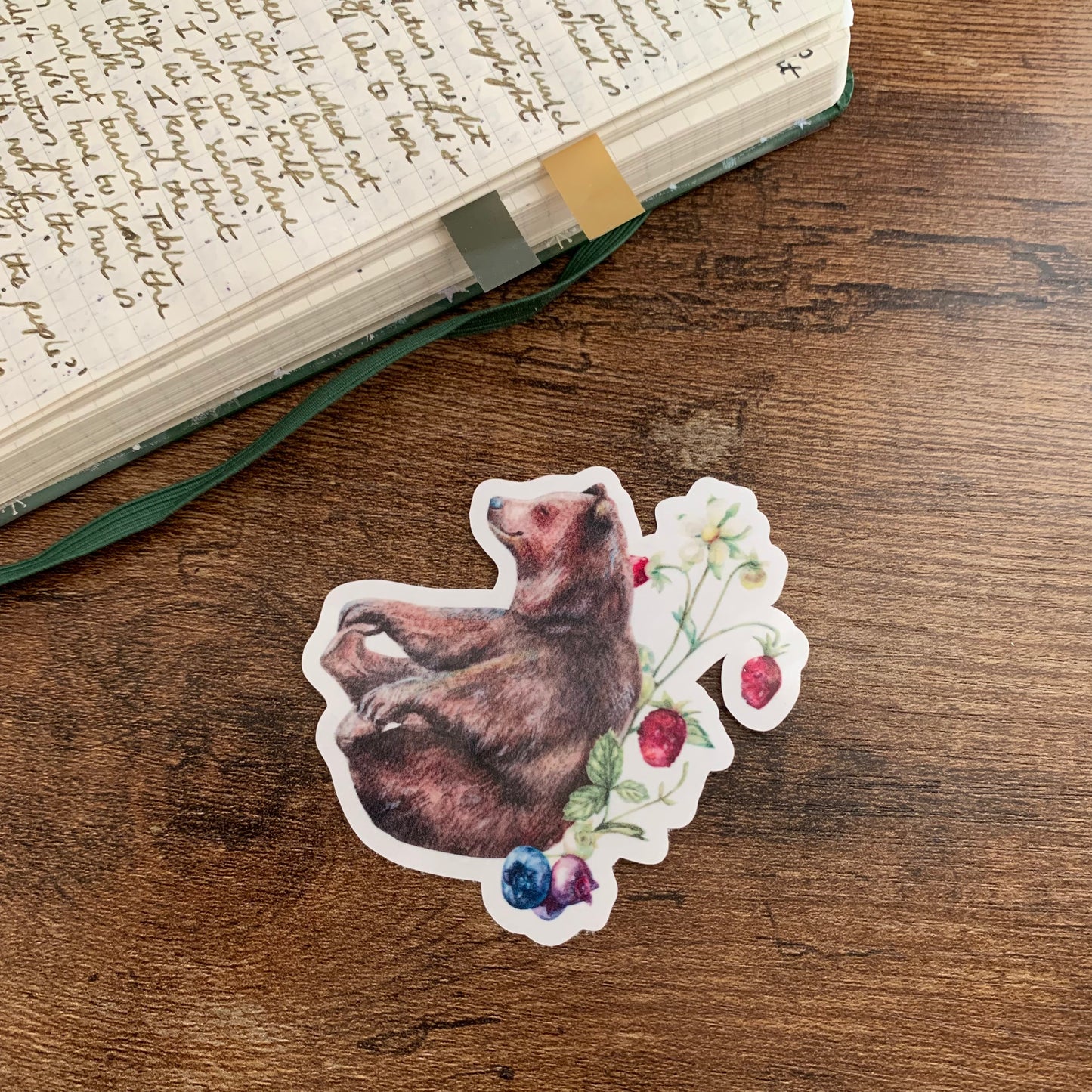 Water color Hand Drawn Bear with Berry Bush Hand Drawn - Clear Sticker Flake - Little Bear