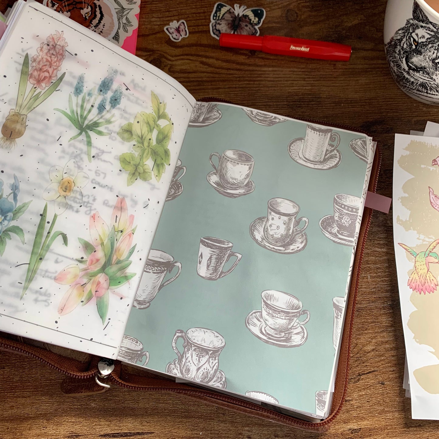 Vintage Tea Cup Sketches on Green Planner Dashboard - Afternoon Tea