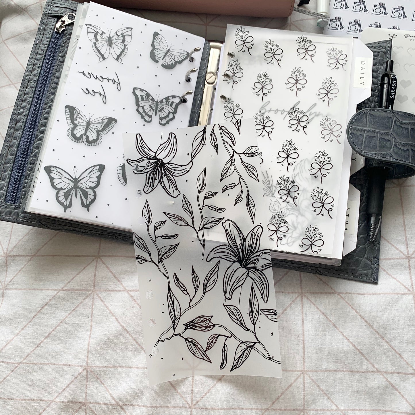 Printed Vellum Planner Dashboards Set of 4 - Butterflies, Florals, Leaves & Custom Name