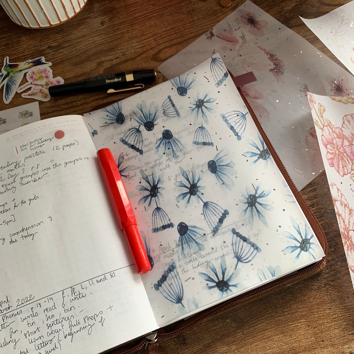 Blue Daisy Florals - Vellum Planner Dashboard - Silver Foil - Inky Blue