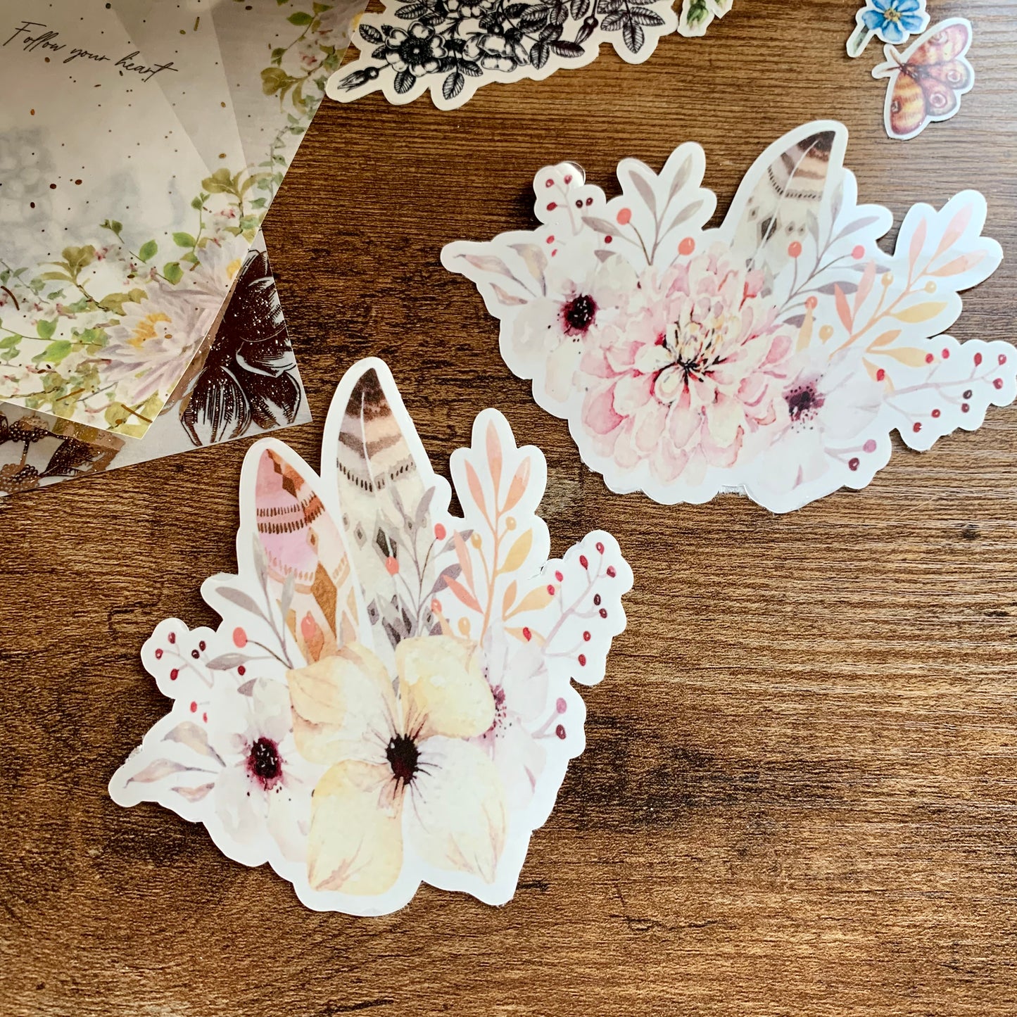 Clear Floral & Feathers Sticker Flake - Set of 2 - Petunia & Shelley