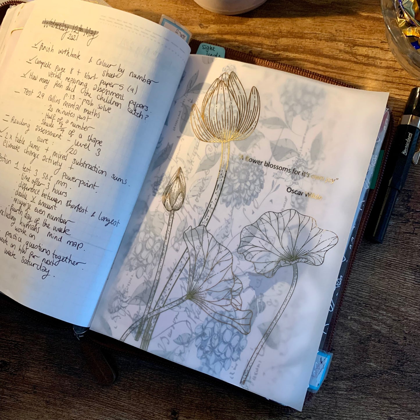 Gold Foiled Floral Quote Vellum X Acetate Planner Dashboard - Golden Snow Collection - A flower blossoms for it's own joy