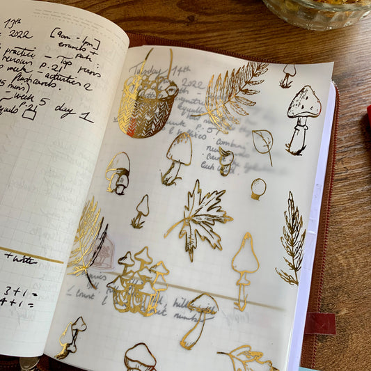 Gold Foiled Fall themed Leaves & Mushrooms • Vellum X Acetate Planner Dashboards - Autumn Feels