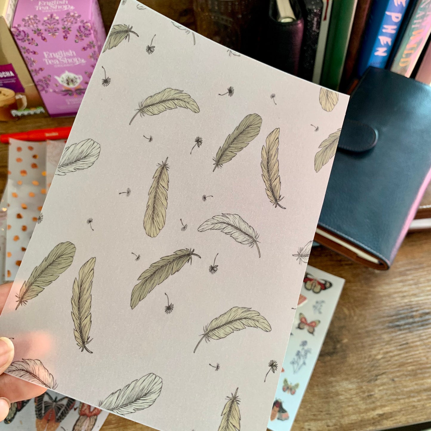 Pink & Brown Hand Drawn Feather Pattern - Vellum Planner Dashboard - Birds of a feather