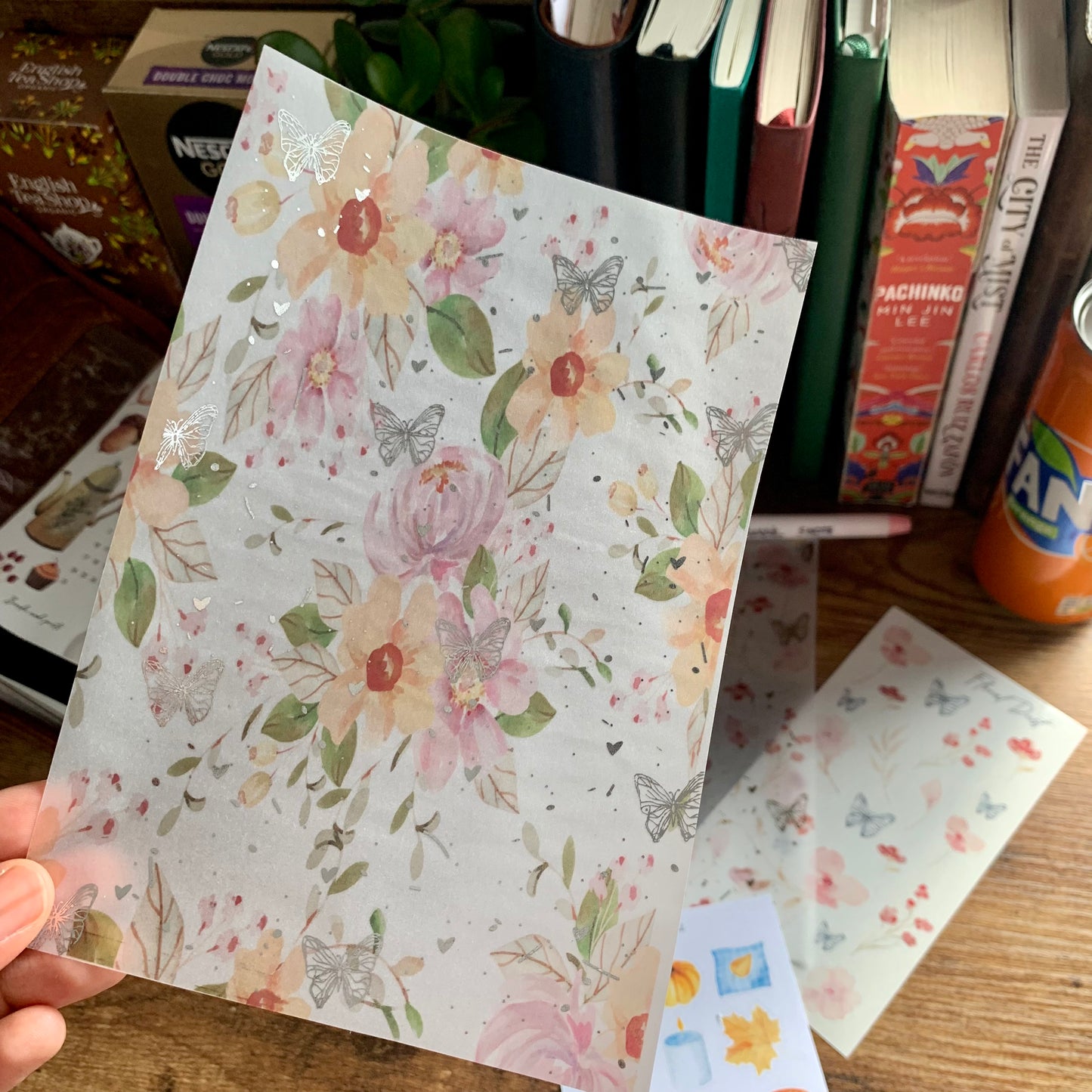 Soft Pink Watercolor florals with Silver Foil Butterflies - Vellum Planner Dashboard - Floral Dust II Collection