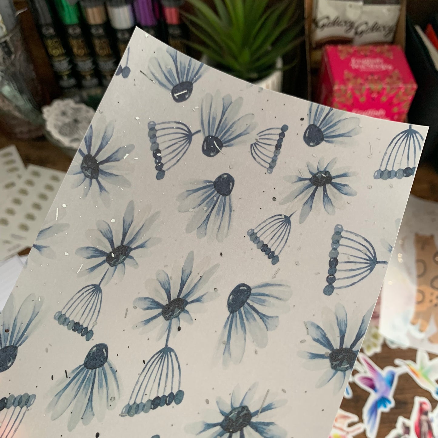 Blue Daisy Florals - Vellum Planner Dashboard - Silver Foil - Inky Blue