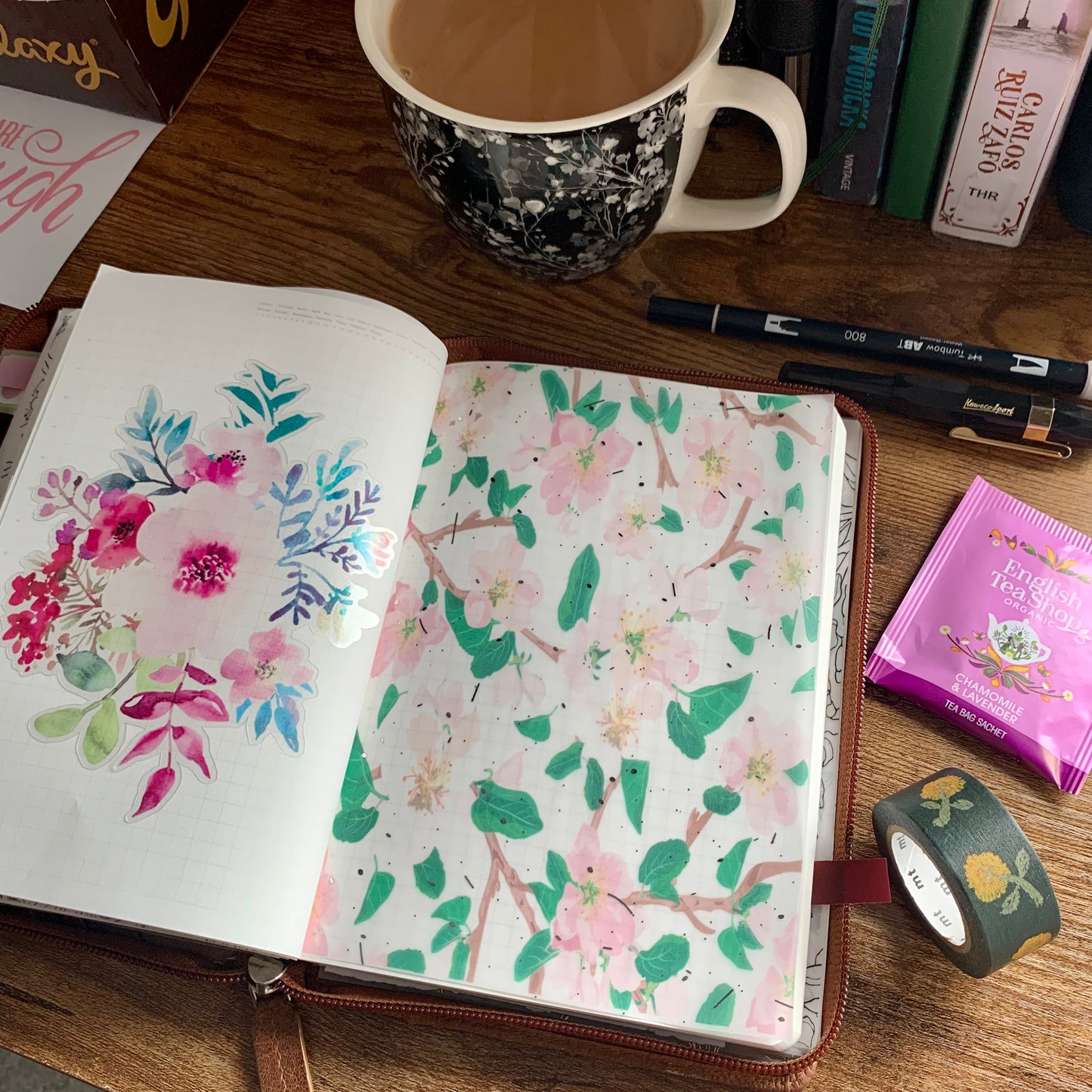 Pink & Green Watercolour Florals with Silver Foil - Vellum Planner Dashboard - Zelda
