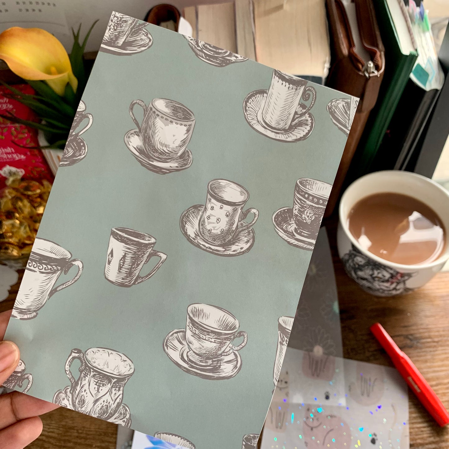 Vintage Tea Cup Sketches on Green Planner Dashboard - Afternoon Tea