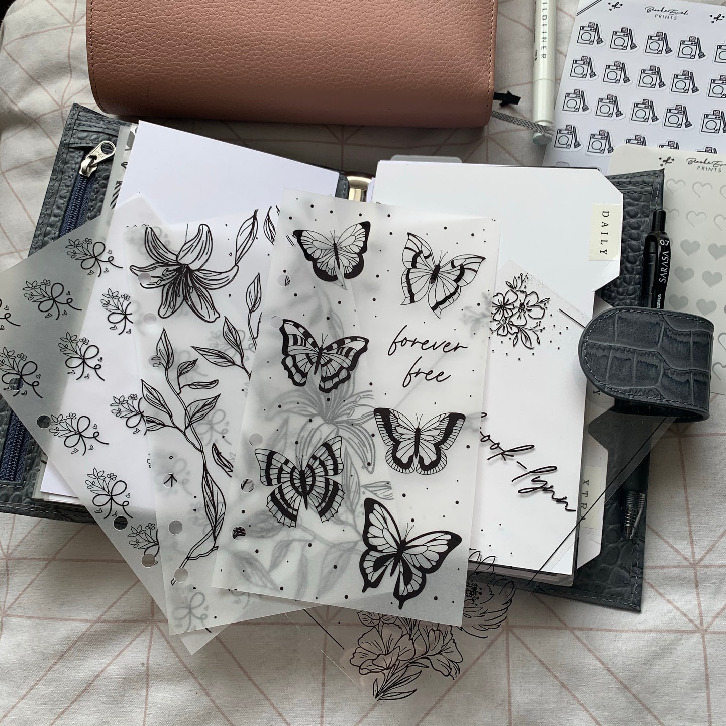 Printed Vellum Planner Dashboards Set of 4 - Butterflies, Florals, Leaves & Custom Name