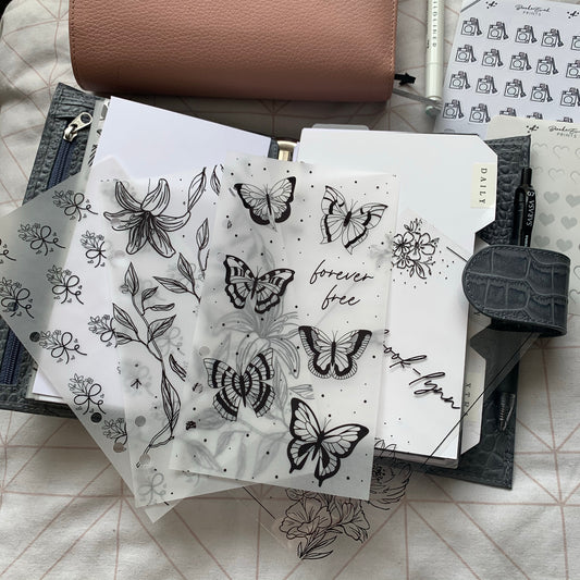Printed Vellum Planner Dashboards Set of 4 - Butterflies, Florals, Leaves & Custom Name