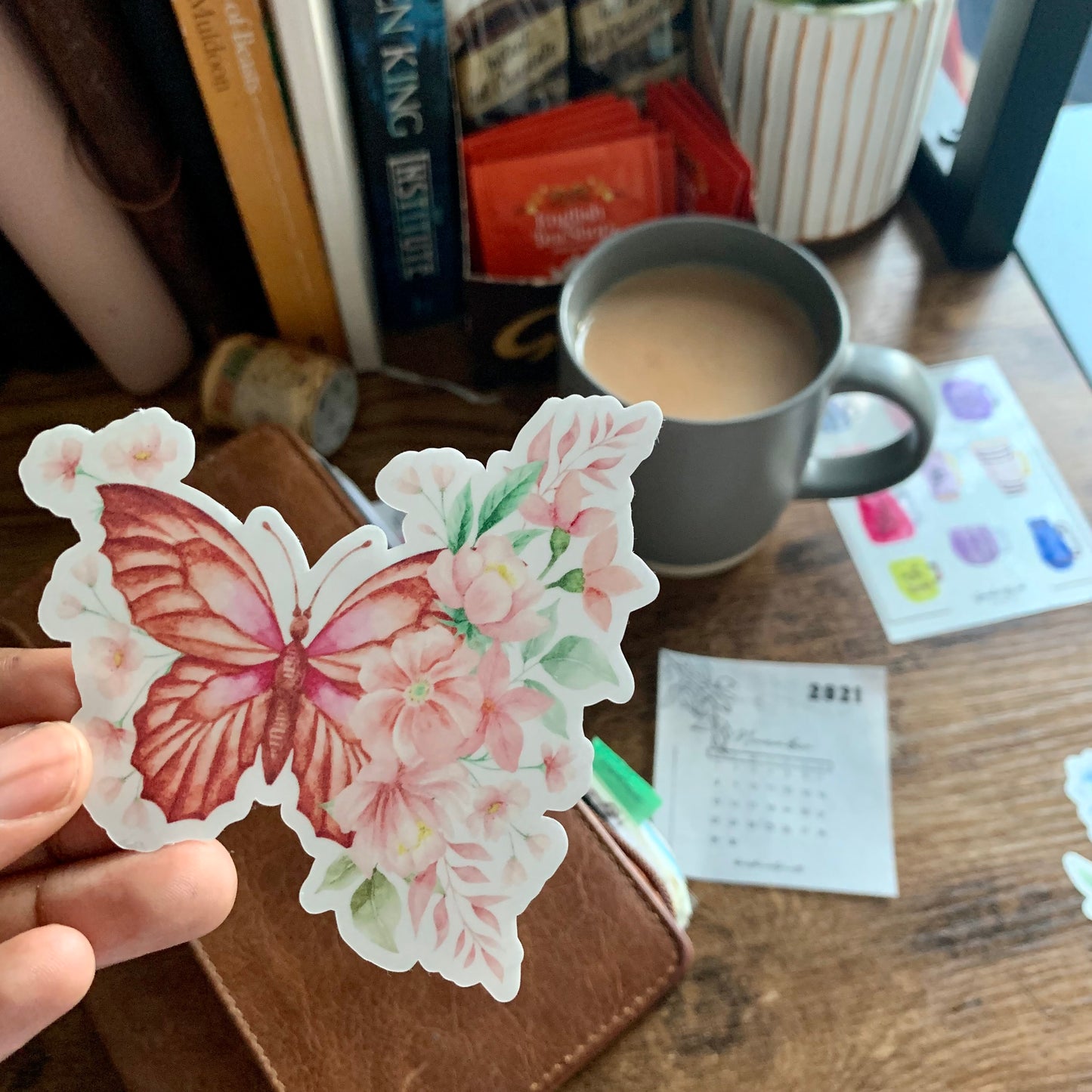 Clear Maroon Butterfly & Flowers Sticker Flake - Apricity Collection