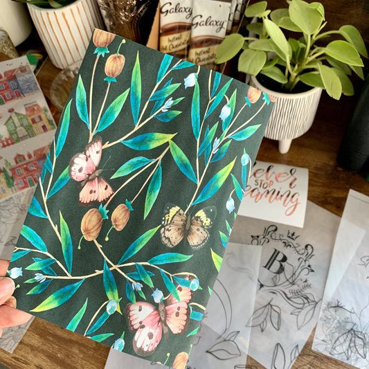 Watercolor butterflies on dark background - Tomoe river Dashboard- Emerald