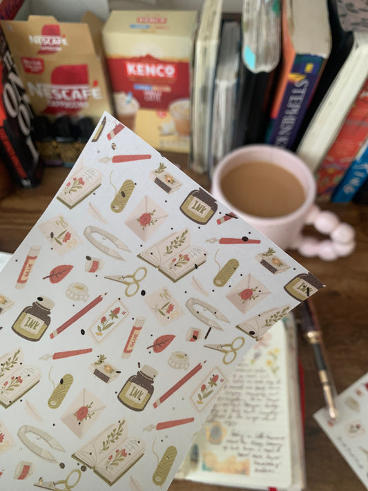Journal Books and Pens Pattern, Watercolour drawing • Hand drawn • Printed Foiled Vellum Planner Dashboard- Scrapbooking