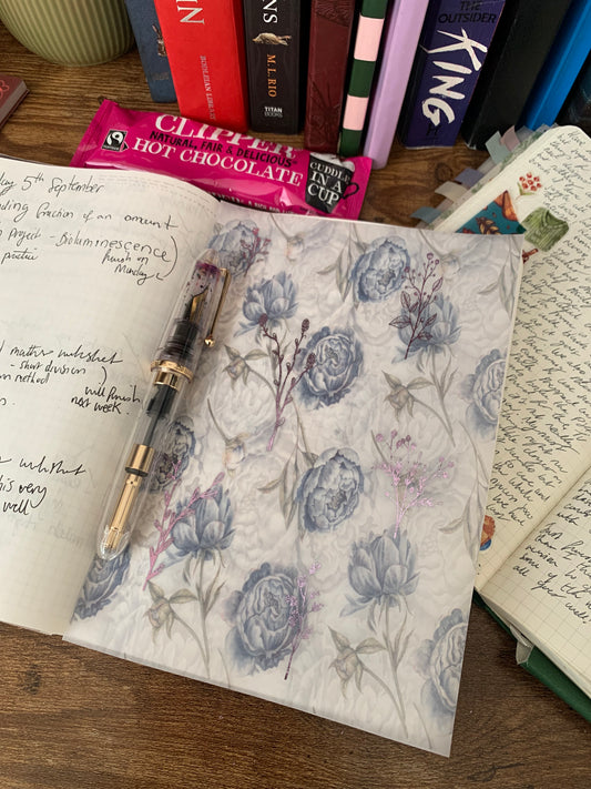 French Style Blue Florals with Lilac Foiled Accents - Journal Paper - Decorative Planner Paper - Genevieve