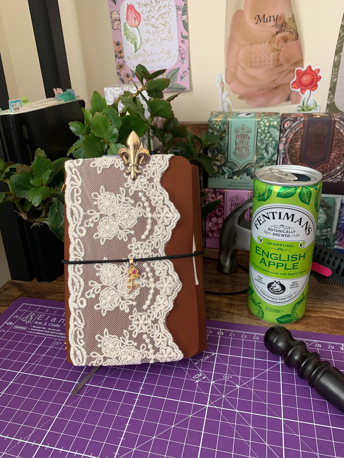 Handmade Vachetta Leather Pocket Trifold Journal Cover with Pomegranate Charm