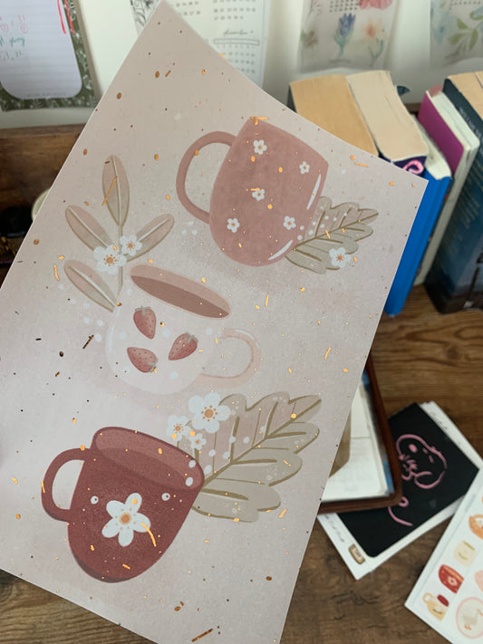 Cute Handrawn Mugs with Leaves Watercolour  - Vellum Planner Dashboard - Copper Foil accents - Pumpkin Spice