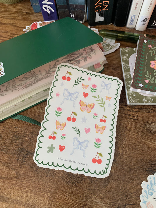 Butterflies and Bows Stickers • Hand drawn Cherry & Flowers Elements -  Scrapbook Clear Stickers - Forget me not