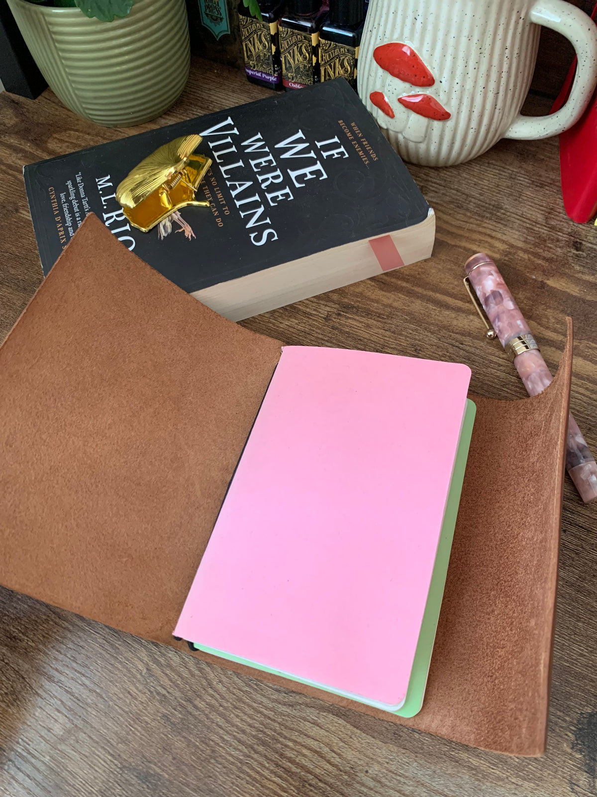 Handmade Vachetta Leather Pocket Trifold Journal Cover with Pomegranate Charm