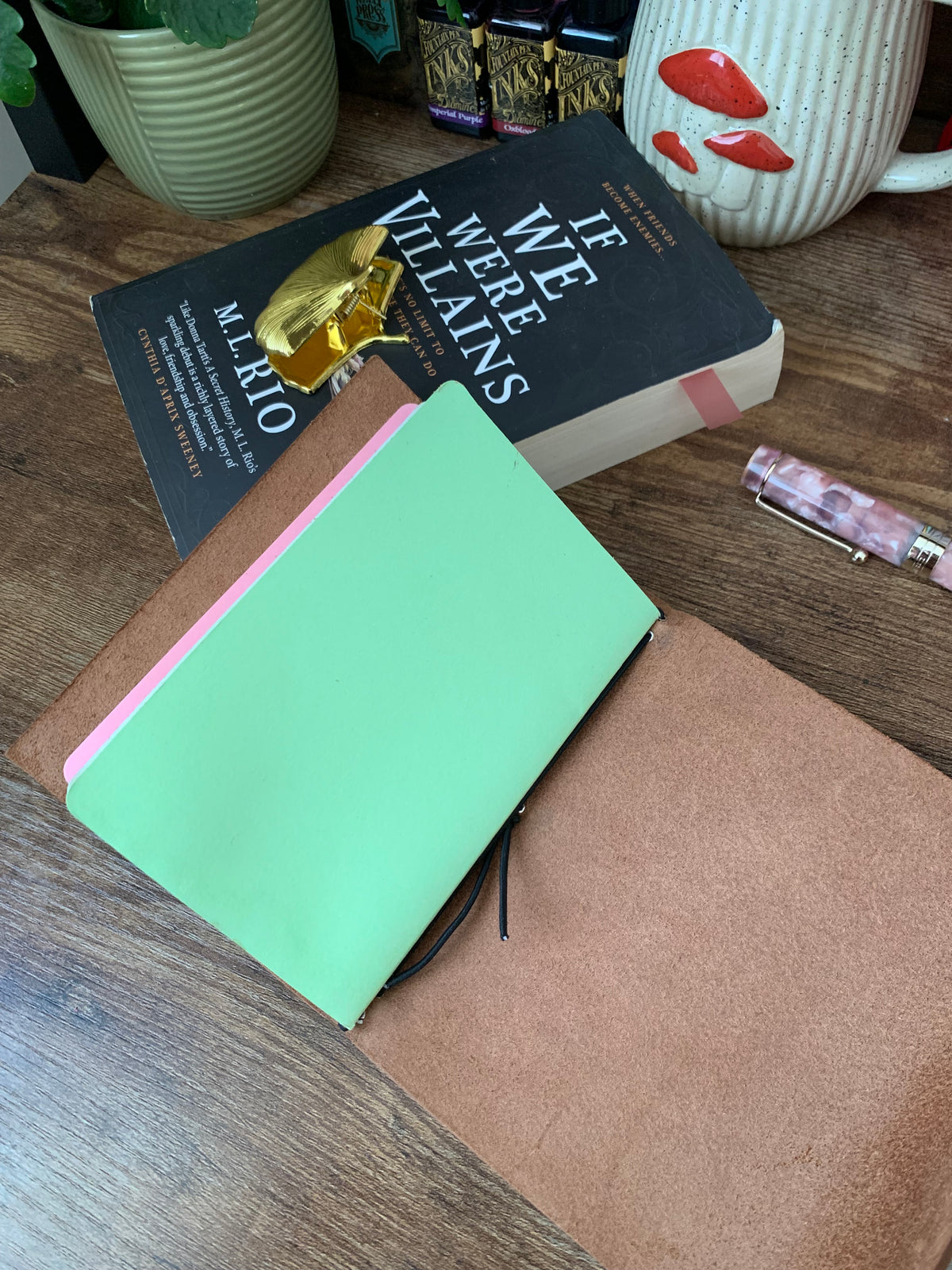 Handmade Vachetta Leather Pocket Trifold Journal Cover with Pomegranate Charm