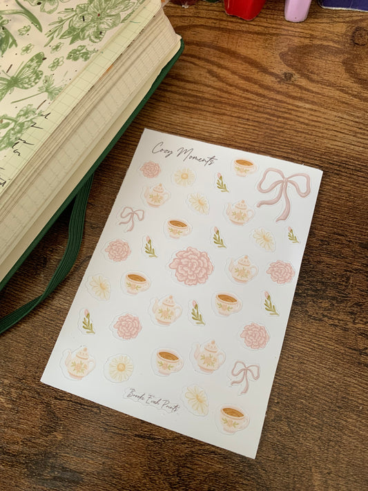Pink Bows and Tea Cups ✨ Bullet Journal Stickers • Hand drawn -  Scrapbook Clear Stickers - Cozy Moments II