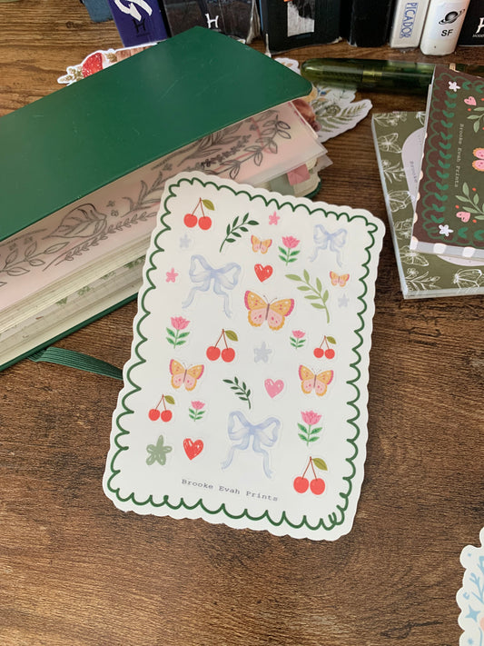 Butterflies and Bows Stickers • Hand drawn Cherry & Flowers Elements -  Scrapbook Clear Stickers - Forget me not