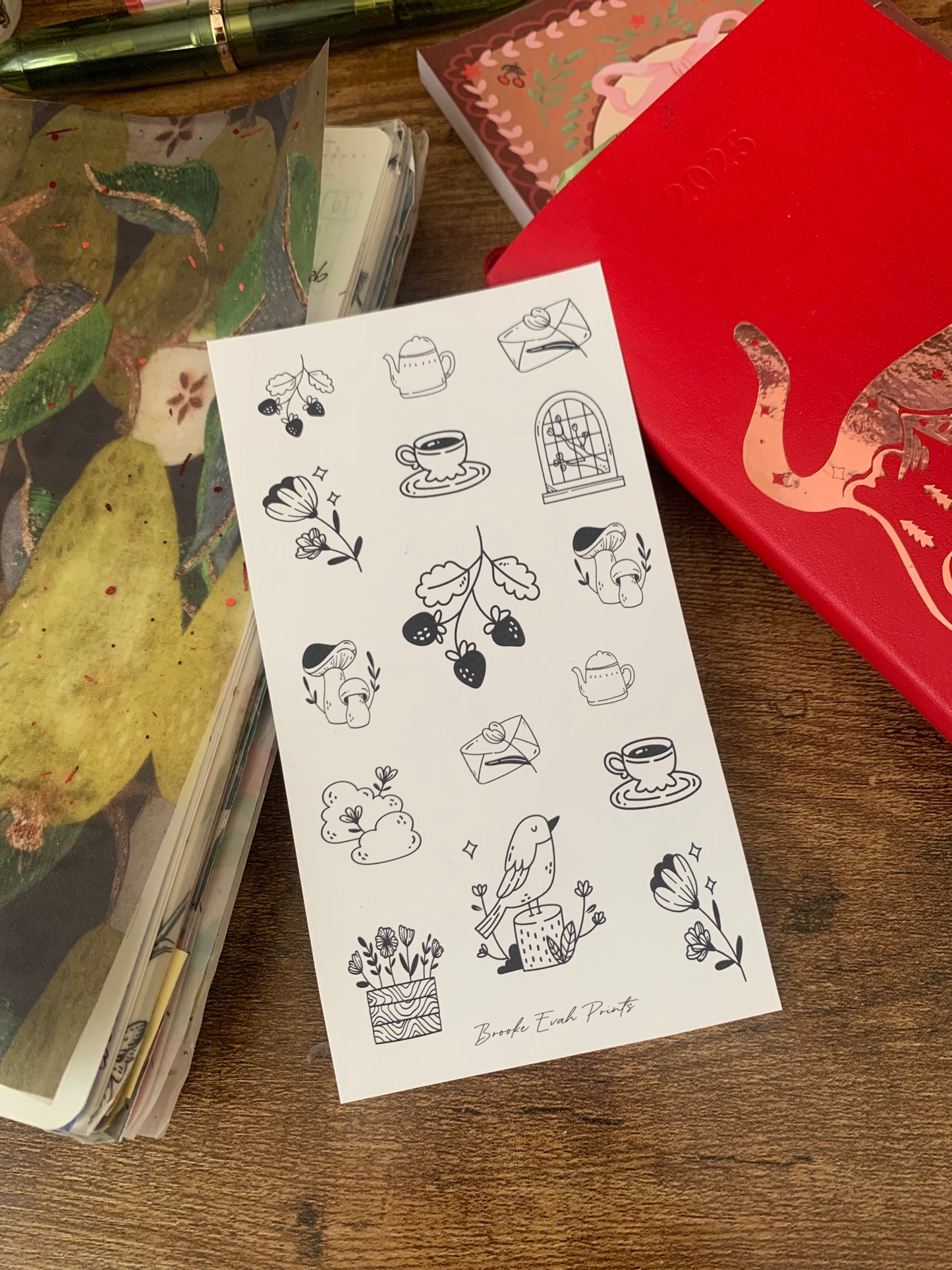 Black outlined hand drawn Tea, Strawberries & Letters Doodle Sticker Sheet - Happy Mail