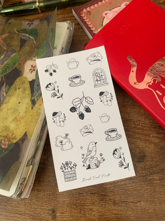 Black outlined hand drawn Tea, Strawberries & Letters Doodle Sticker Sheet - Happy Mail
