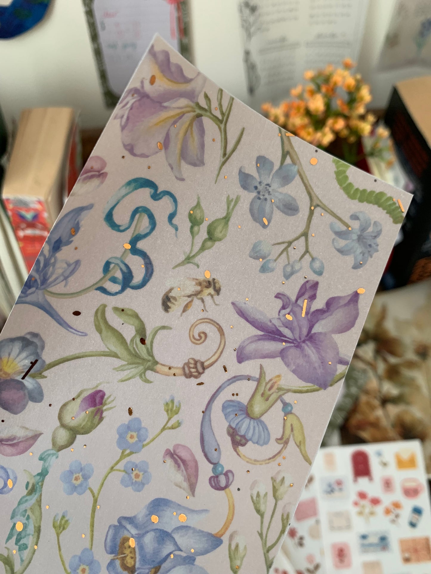 FREE for Bank Holiday ✨ Blue & Purple Vintage Florals with Bee Watercolour  - Vellum Planner Dashboard - Copper Foil accents - Botanique