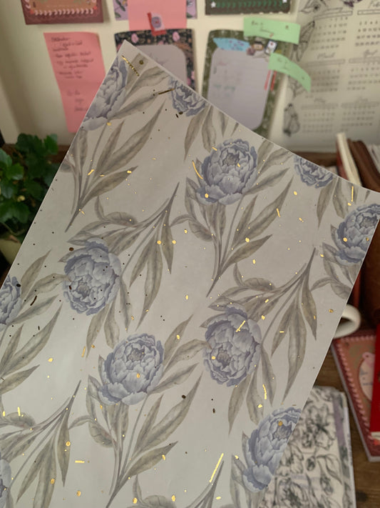 Blue Peonies Watercolor Journal Paper- Vellum Planner Dashboard - Gold Foil accents - Peony Blue