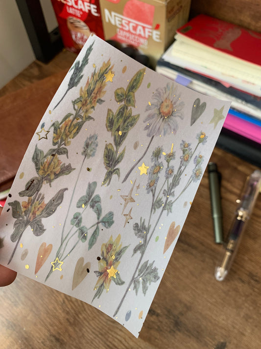 Dark Green Flowers & Hearts Vintage Inspired Watercolour  - Vellum Planner Dashboard - Gold Foil Star accents - Nostalgia