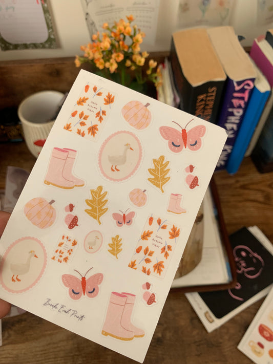 Pink Cottage Core Fall Stickers • Hand drawn Goose & Cozy Elements -  Scrapbook Clear Stickers - Autumn Vibes